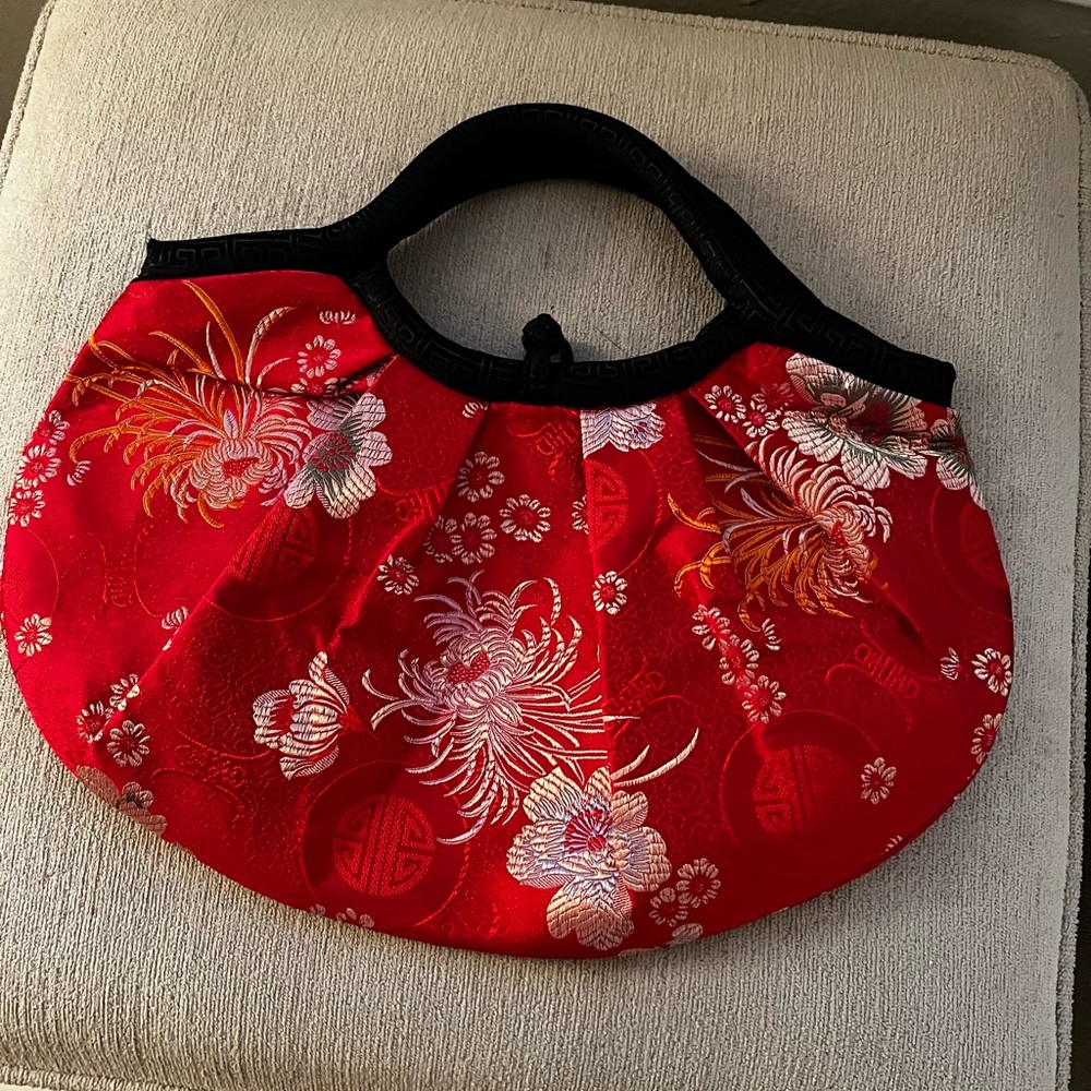 Vintage Asian Inspired Red Floral Silk Purse